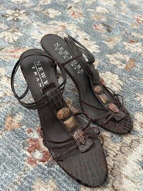 New York Transit Dark Brown Croc-Embossed Strappy Heels with Stone Accents